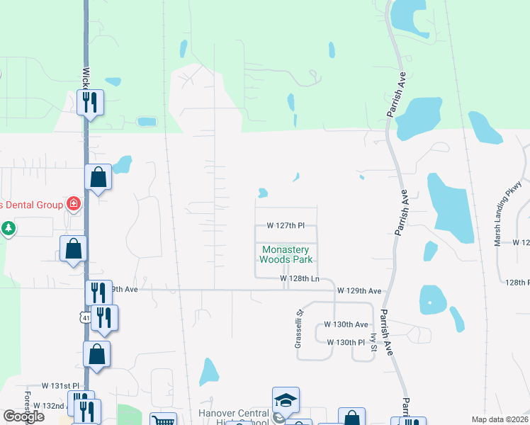 map of restaurants, bars, coffee shops, grocery stores, and more near 10131 West 127th Place in Cedar Lake