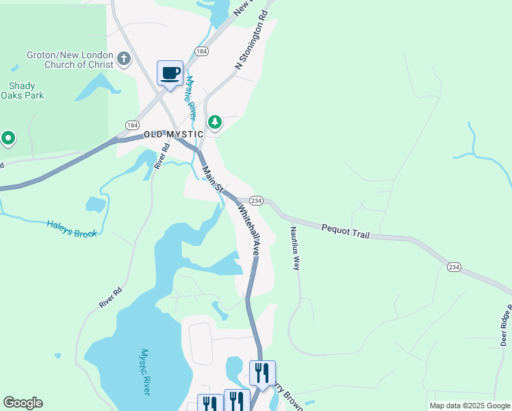 map of restaurants, bars, coffee shops, grocery stores, and more near 188 Whitehall Avenue in Stonington