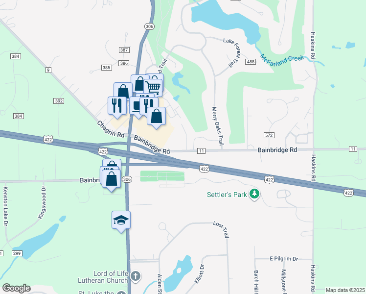 map of restaurants, bars, coffee shops, grocery stores, and more near 17656 Walnut Trail in Chagrin Falls