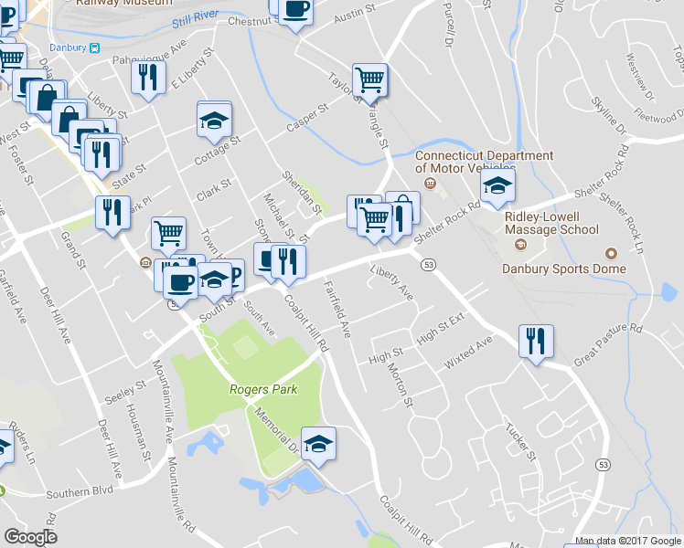 map of restaurants, bars, coffee shops, grocery stores, and more near 90 South Street in Danbury