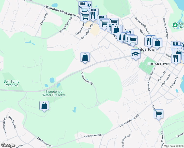 map of restaurants, bars, coffee shops, grocery stores, and more near 5 Louis Field Road in Edgartown