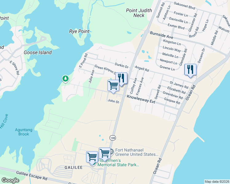 map of restaurants, bars, coffee shops, grocery stores, and more near 125 Knowlesway Extension in Narragansett