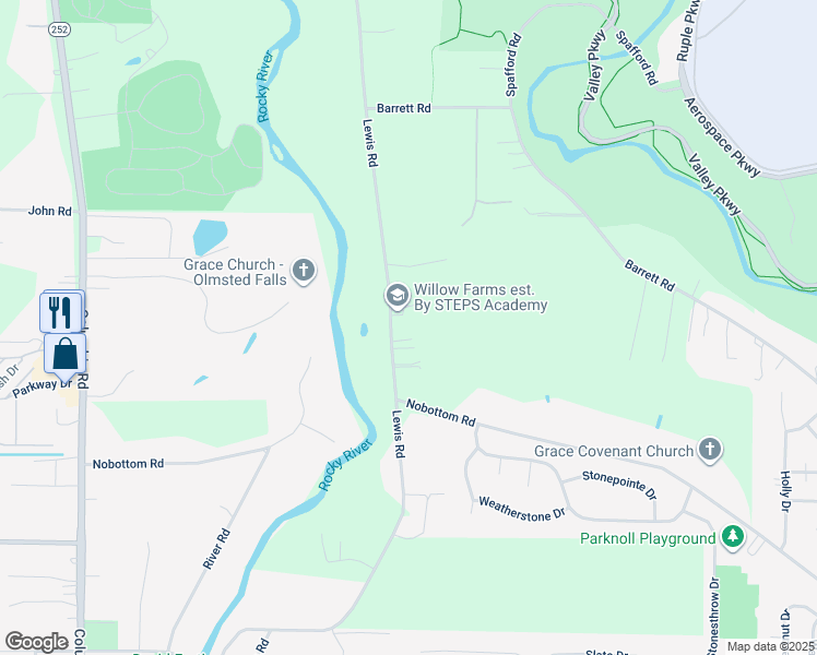 map of restaurants, bars, coffee shops, grocery stores, and more near 7521 Lewis Road in Olmsted