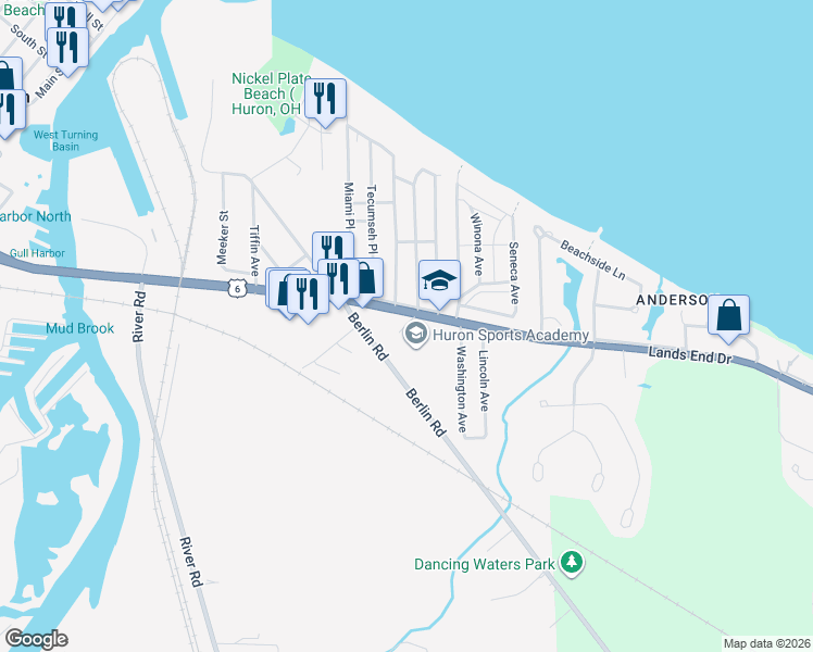 map of restaurants, bars, coffee shops, grocery stores, and more near 512 Cleveland Road East in Huron