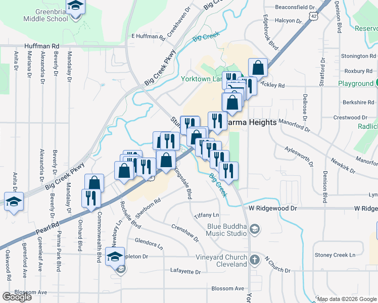 map of restaurants, bars, coffee shops, grocery stores, and more near 6338 Pearl Road in Parma Heights