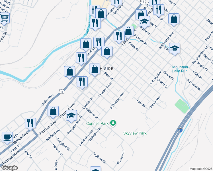 map of restaurants, bars, coffee shops, grocery stores, and more near 550 Genet Street in Scranton
