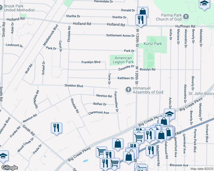 map of restaurants, bars, coffee shops, grocery stores, and more near 13492 Sheldon Road in Brook Park