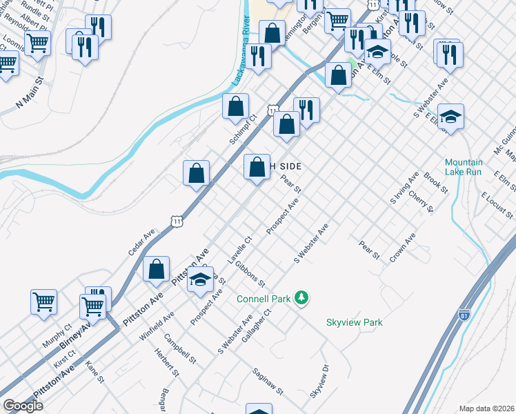 map of restaurants, bars, coffee shops, grocery stores, and more near 517 Breck Street in Scranton