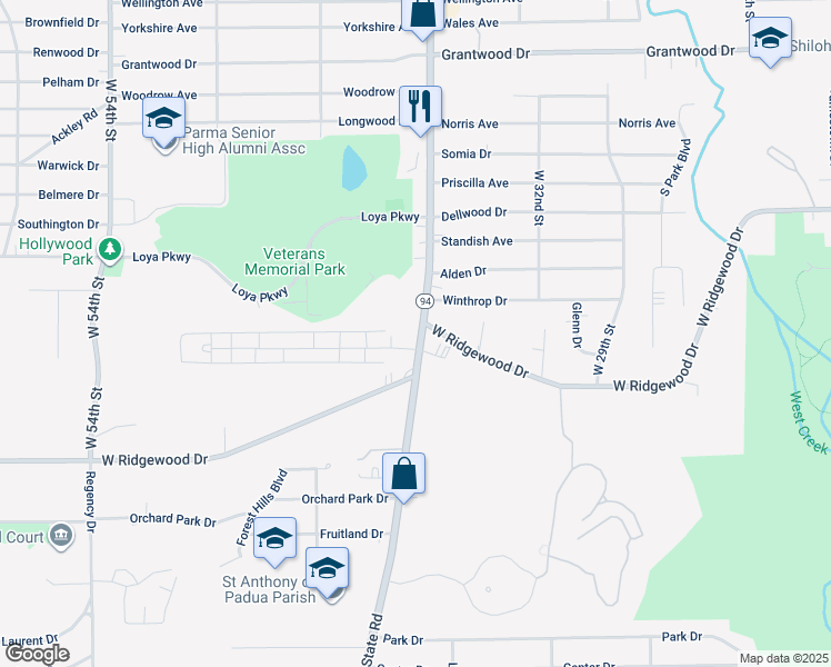 map of restaurants, bars, coffee shops, grocery stores, and more near 6490 State Road in Parma