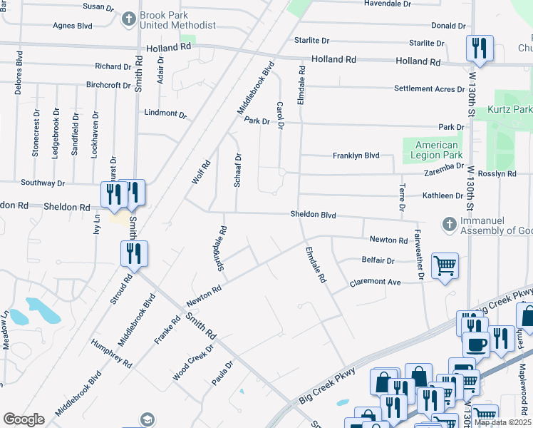 map of restaurants, bars, coffee shops, grocery stores, and more near 14315 Sheldon Boulevard in Cleveland