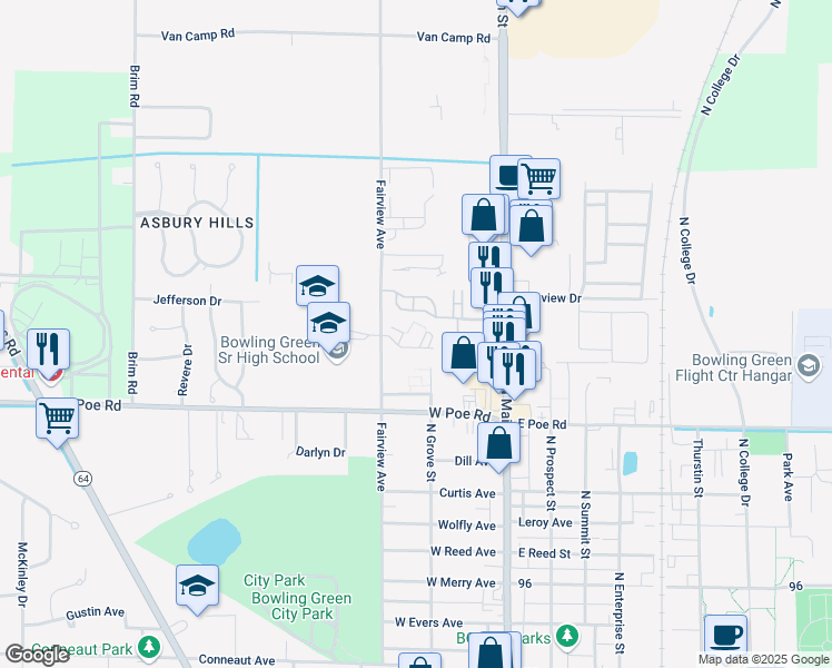 map of restaurants, bars, coffee shops, grocery stores, and more near 1074 Fairview Avenue in Bowling Green