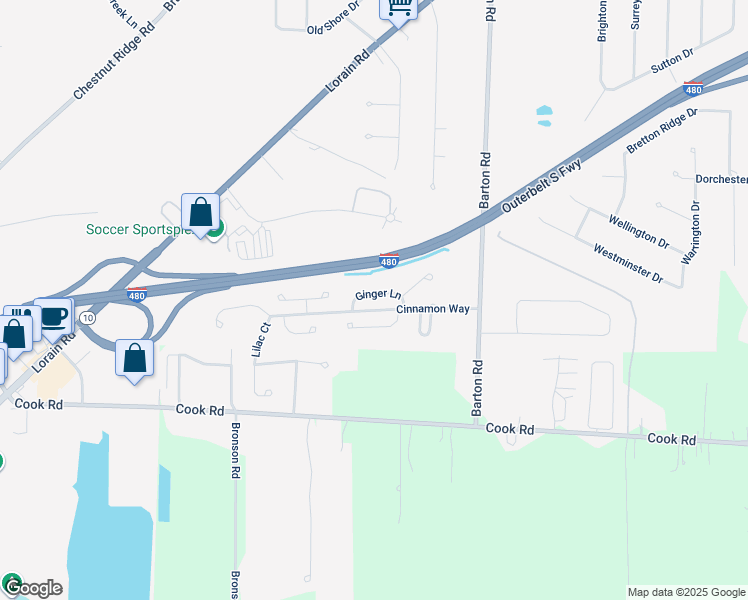 map of restaurants, bars, coffee shops, grocery stores, and more near 30301 Ginger Lane in North Olmsted