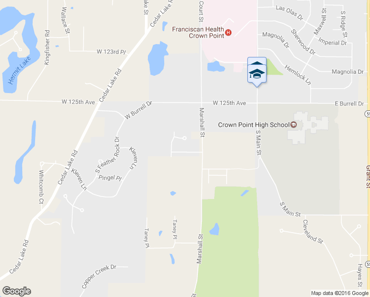 map of restaurants, bars, coffee shops, grocery stores, and more near 500 Wyndham Drive in Crown Point