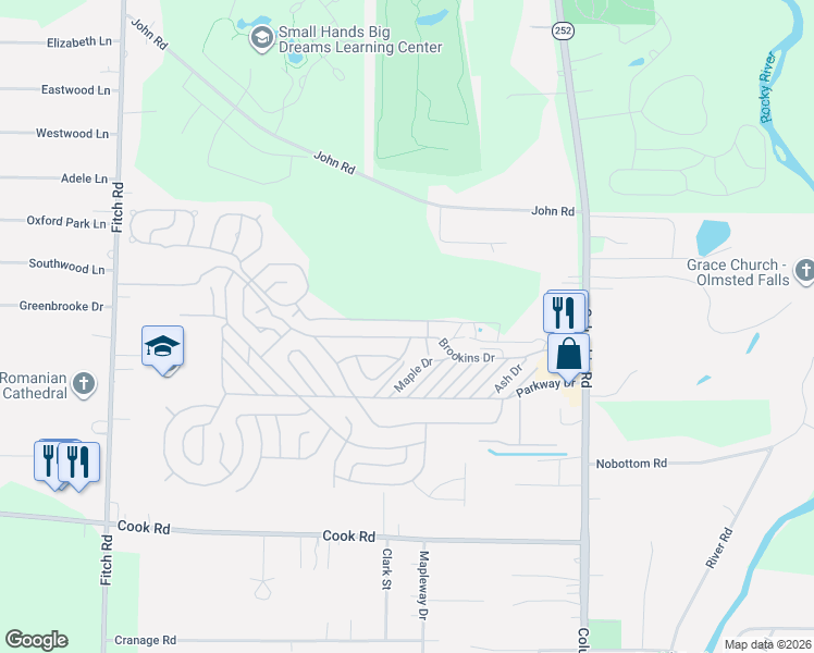 map of restaurants, bars, coffee shops, grocery stores, and more near 39 Patio Lane in Cuyahoga County