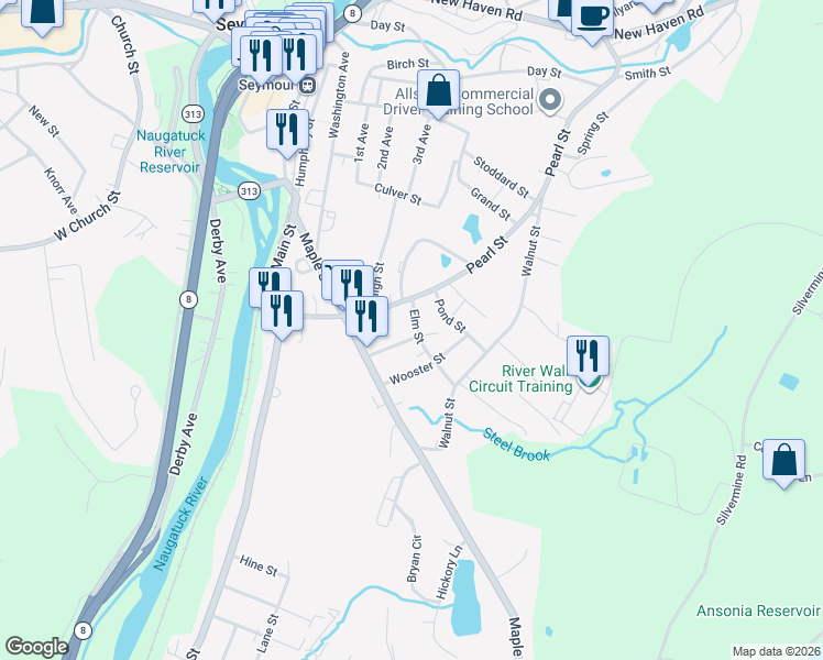 map of restaurants, bars, coffee shops, grocery stores, and more near 19 Elm Street in Seymour
