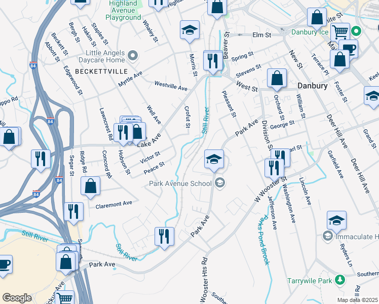 map of restaurants, bars, coffee shops, grocery stores, and more near 32 Oil Mill Road in Danbury