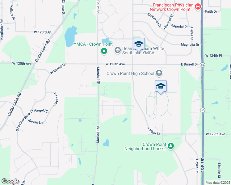 map of restaurants, bars, coffee shops, grocery stores, and more near 12615 Marshall Street in Crown Point