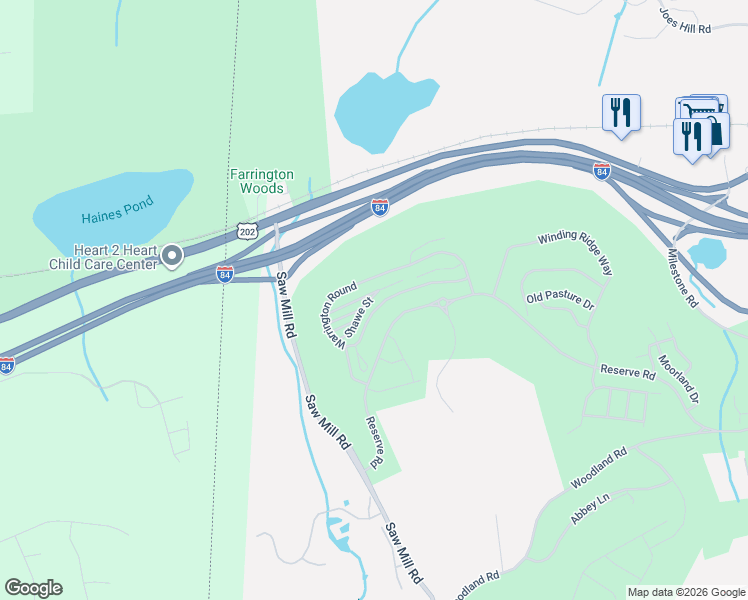 map of restaurants, bars, coffee shops, grocery stores, and more near 36 Warrington Round in Danbury