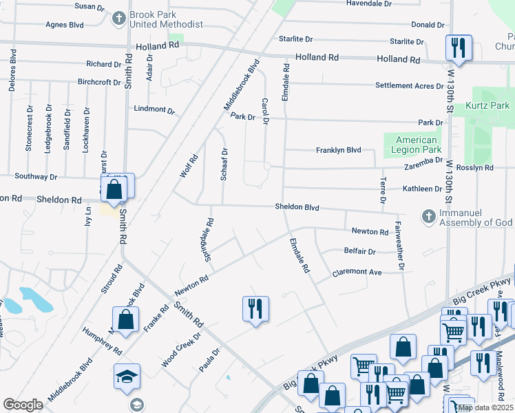 map of restaurants, bars, coffee shops, grocery stores, and more near 14315 Sheldon Boulevard in Cleveland