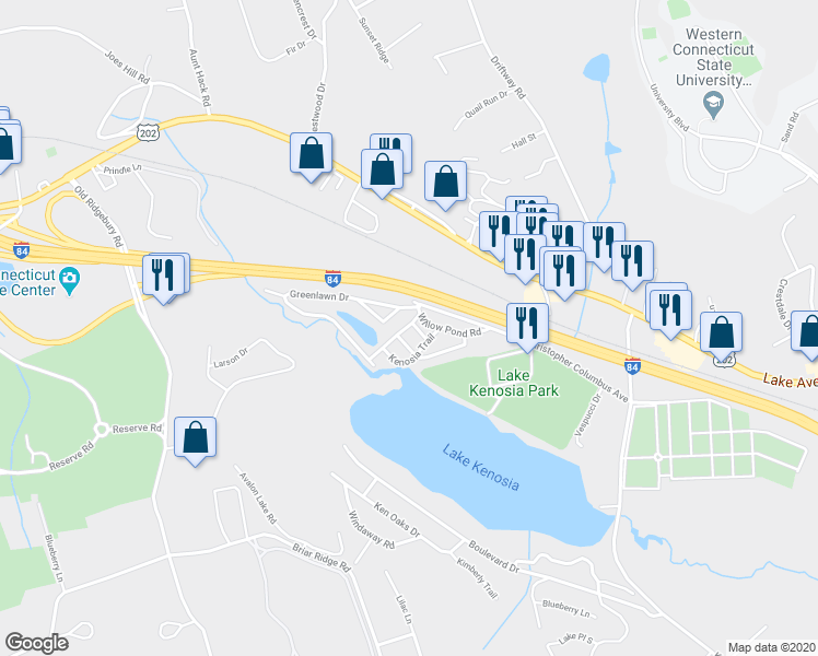 map of restaurants, bars, coffee shops, grocery stores, and more near 7 Maple Lane in Danbury