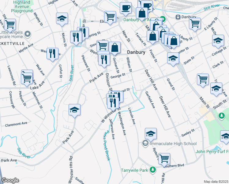 map of restaurants, bars, coffee shops, grocery stores, and more near 19 Division Street in Danbury