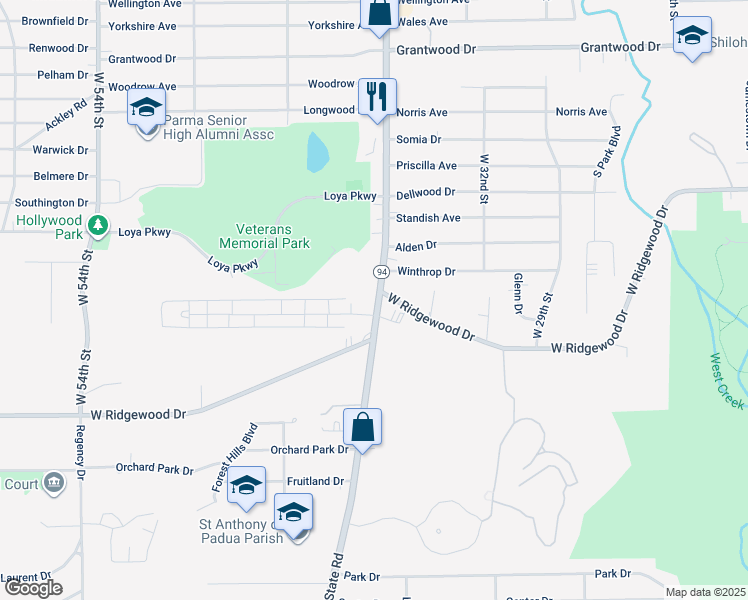 map of restaurants, bars, coffee shops, grocery stores, and more near 6490 State Road in Parma
