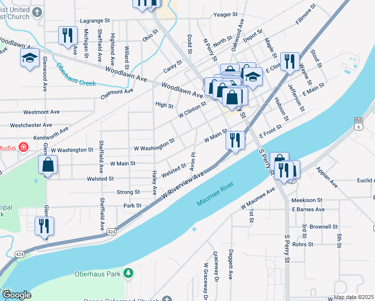 map of restaurants, bars, coffee shops, grocery stores, and more near 517 Avon Place in Napoleon