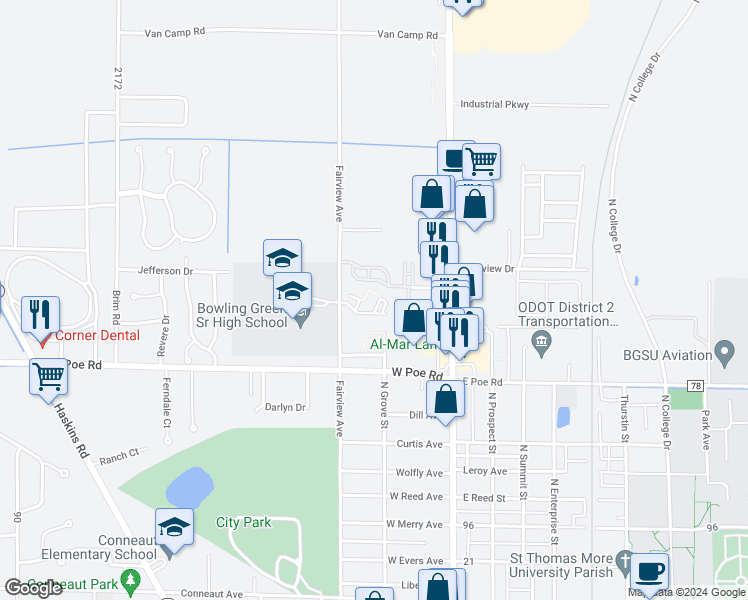 map of restaurants, bars, coffee shops, grocery stores, and more near 1074 Fairview Avenue in Bowling Green