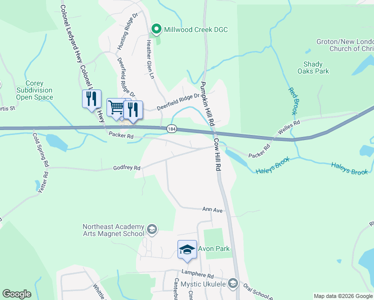 map of restaurants, bars, coffee shops, grocery stores, and more near 330 Godfrey Road in Groton