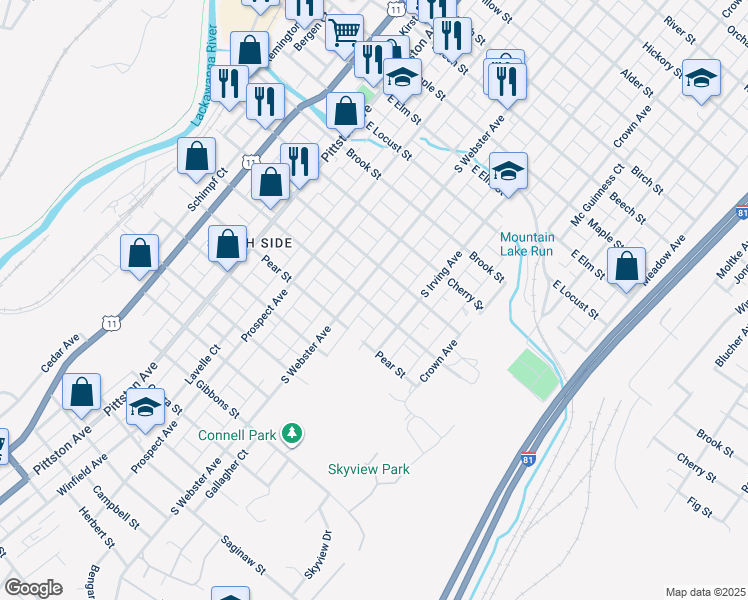 map of restaurants, bars, coffee shops, grocery stores, and more near 715 Palm Street in Scranton