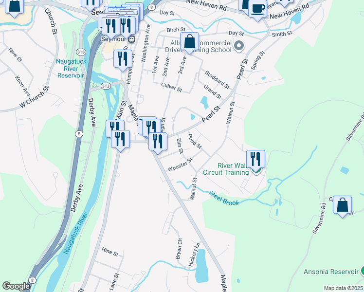 map of restaurants, bars, coffee shops, grocery stores, and more near 19 Elm Street in Seymour