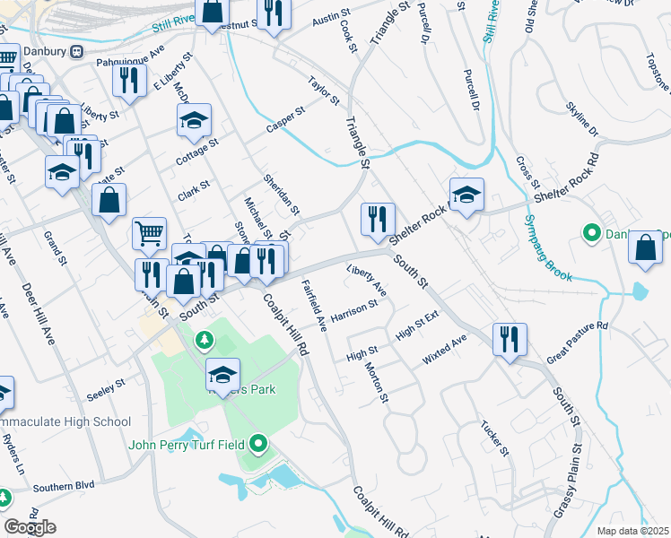 map of restaurants, bars, coffee shops, grocery stores, and more near 90 South Street in Danbury