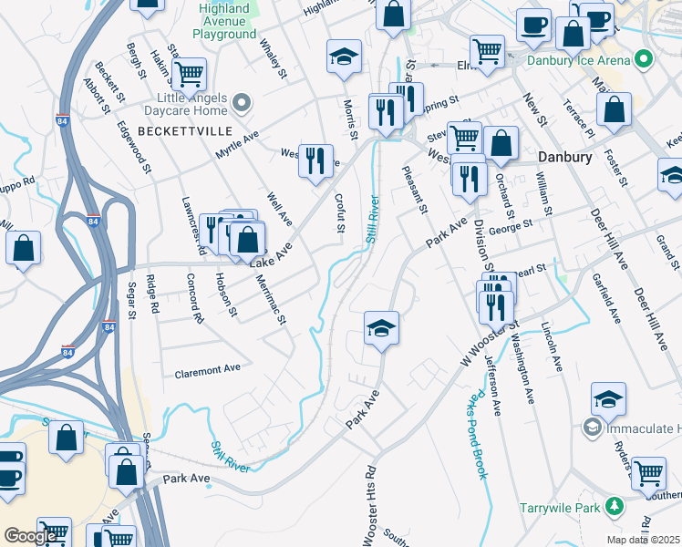 map of restaurants, bars, coffee shops, grocery stores, and more near 32 Oil Mill Road in Danbury