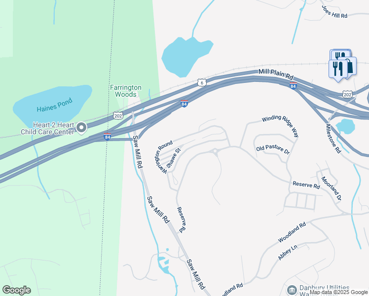 map of restaurants, bars, coffee shops, grocery stores, and more near 36 Warrington Round in Danbury