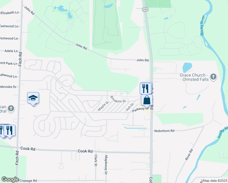 map of restaurants, bars, coffee shops, grocery stores, and more near 7100 Columbia Road in Olmsted Falls
