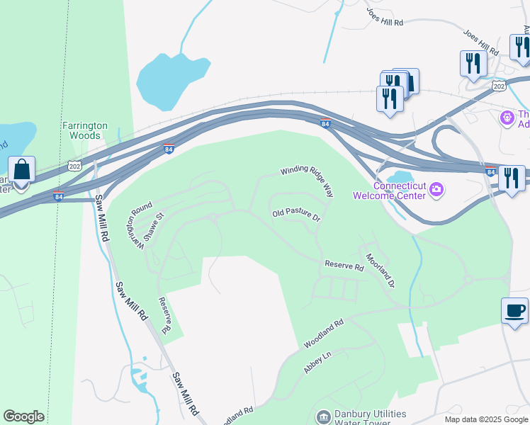 map of restaurants, bars, coffee shops, grocery stores, and more near 1000 Country View Road in Danbury