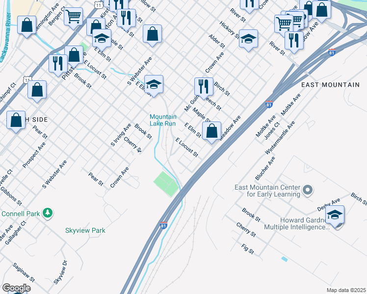 map of restaurants, bars, coffee shops, grocery stores, and more near 1201 Stafford Avenue in Scranton