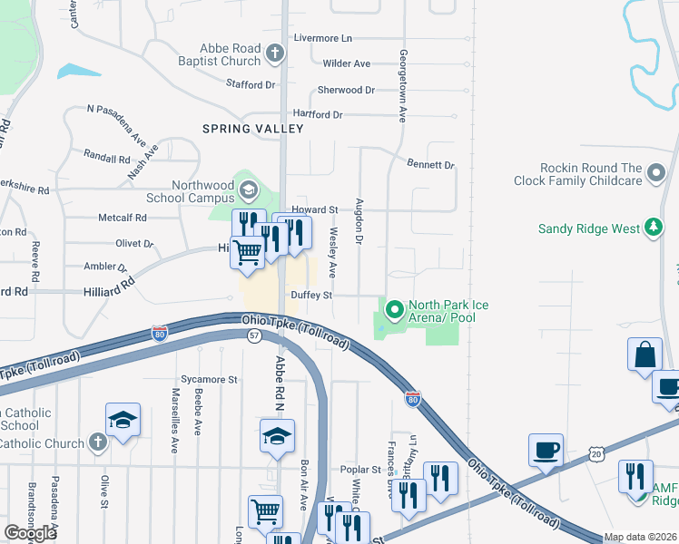 map of restaurants, bars, coffee shops, grocery stores, and more near 516 Augdon Drive in Elyria