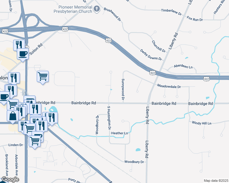 map of restaurants, bars, coffee shops, grocery stores, and more near 6281 North Huntington Drive in Solon