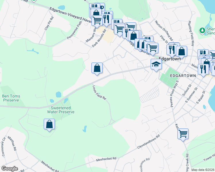 map of restaurants, bars, coffee shops, grocery stores, and more near 5 Louis Field Road in Edgartown