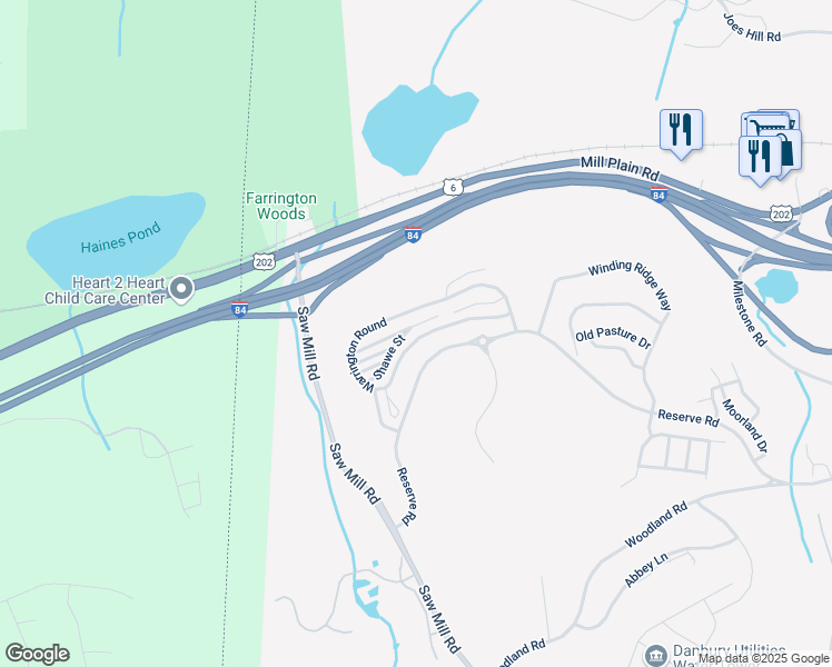 map of restaurants, bars, coffee shops, grocery stores, and more near 36 Warrington Round in Danbury