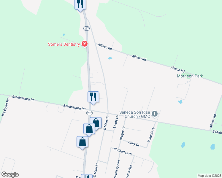 map of restaurants, bars, coffee shops, grocery stores, and more near 136 North Main Street in Seneca