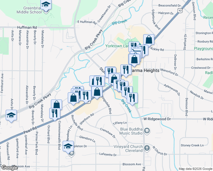 map of restaurants, bars, coffee shops, grocery stores, and more near 6338 Pearl Road in Parma Heights