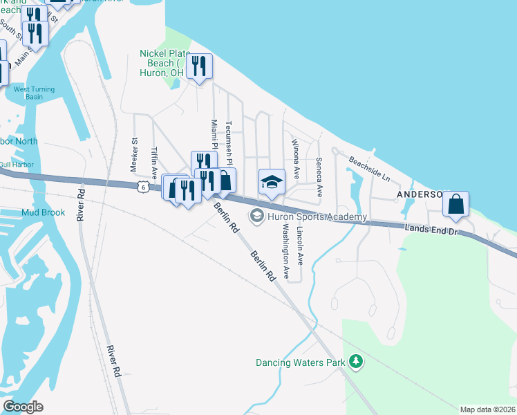 map of restaurants, bars, coffee shops, grocery stores, and more near 624 Cleveland Road East in Huron