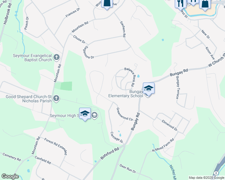 map of restaurants, bars, coffee shops, grocery stores, and more near 37 Balance Rock Road in Seymour