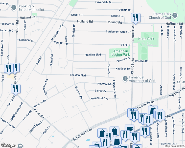 map of restaurants, bars, coffee shops, grocery stores, and more near 13819 Sheldon Road in Middleburg Heights