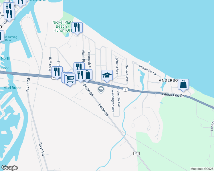 map of restaurants, bars, coffee shops, grocery stores, and more near 710 Cleveland Road East in Huron