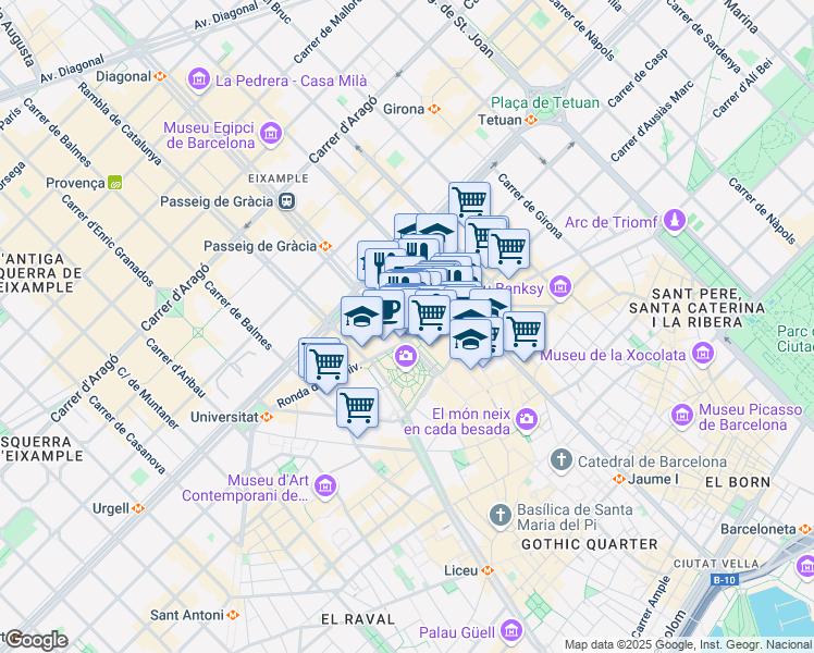 map of restaurants, bars, coffee shops, grocery stores, and more near 2 Passeig de Gràcia in Barcelona