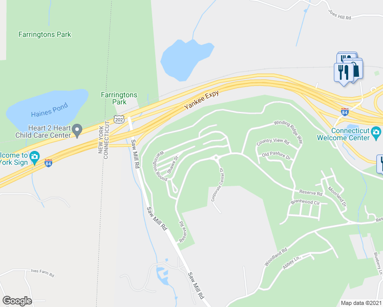 map of restaurants, bars, coffee shops, grocery stores, and more near Warrington Round in Danbury