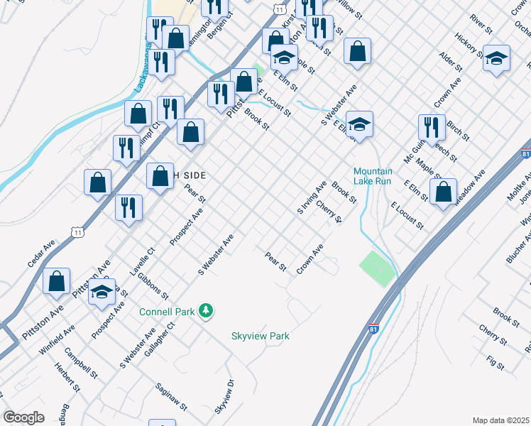 map of restaurants, bars, coffee shops, grocery stores, and more near 715 Palm Street in Scranton